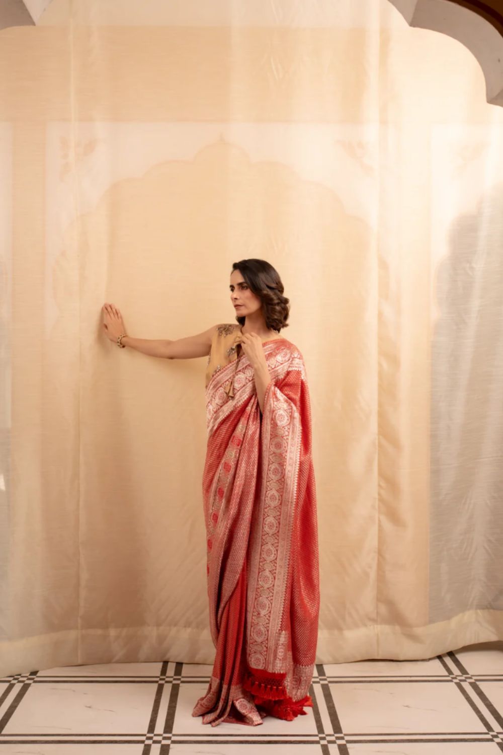 Gerua- Burnt Orange Silk Georgette Brocade Saree
