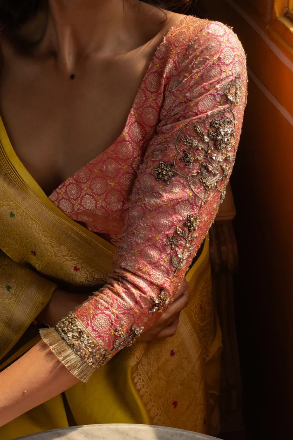 Rukmini- Coral Silk Brocade Blouse