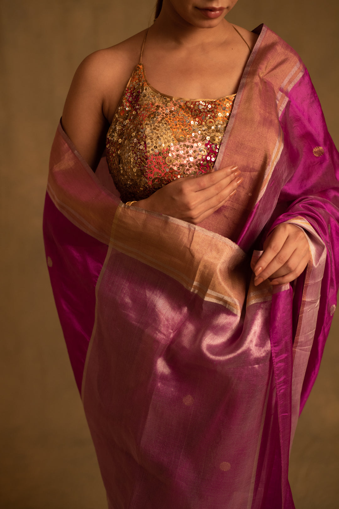 Dree- Periwnkle Pink Silk Chanderi Tissue Saree