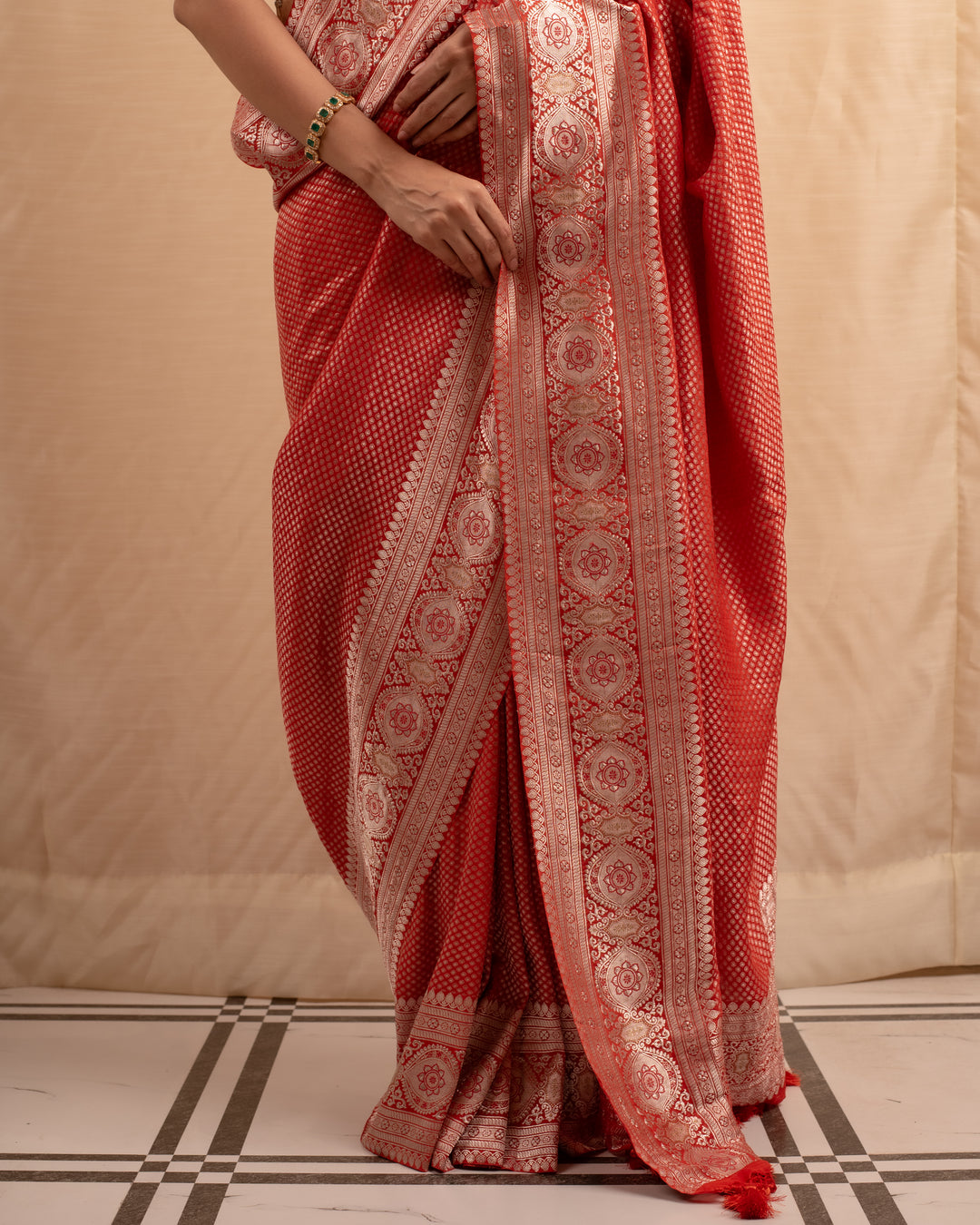 Gerua- Burnt Orange Silk Georgette Brocade Saree