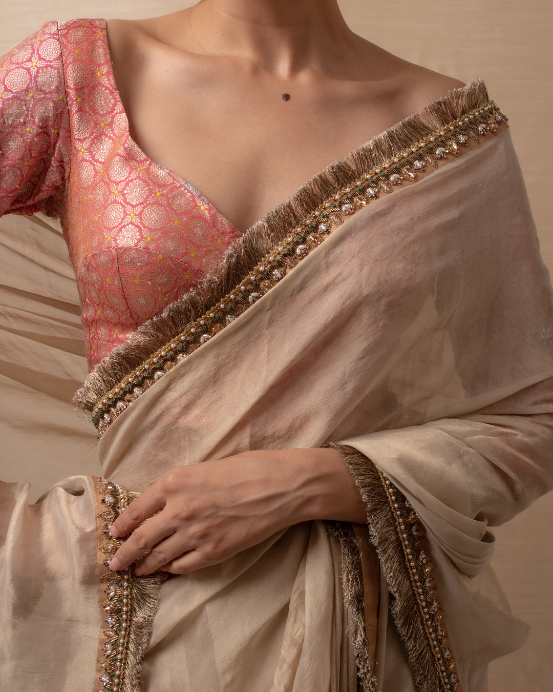 Moti- Light Gold Silk Tissue Banarasi Saree