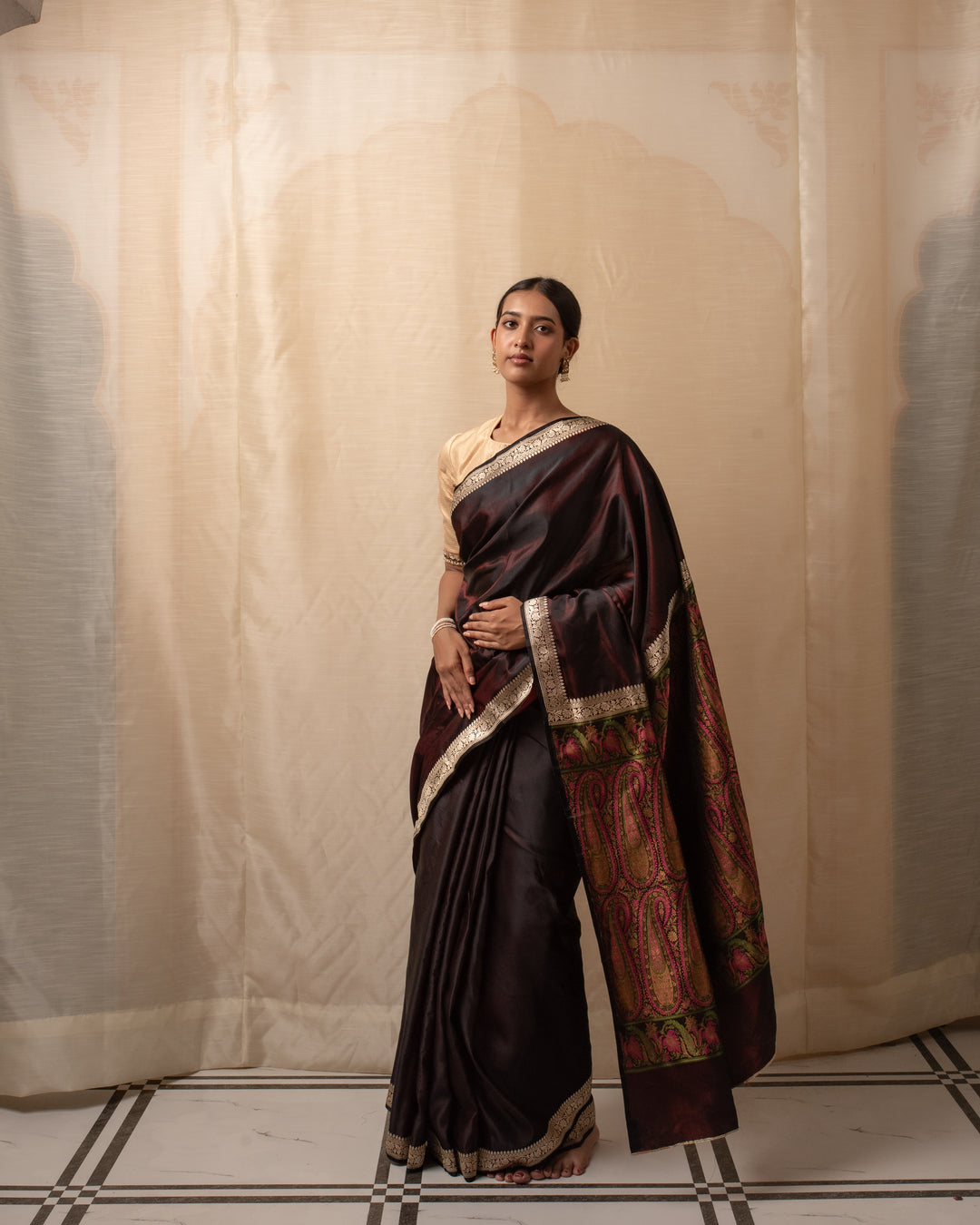 Rukma- Wine Mashroo Silk Banarasi Saree