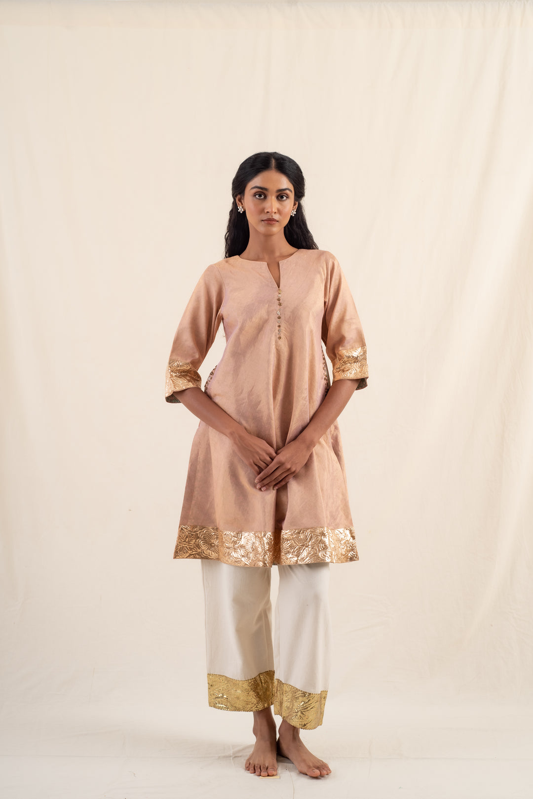 Dariba - Peach Silk Chanderi Tissue Kurta Set