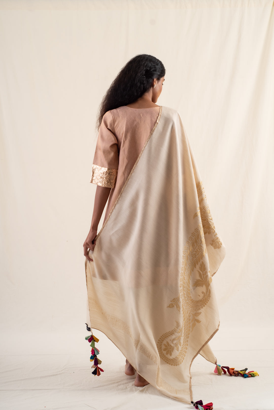 Hulchul - Ivory Silk Brocade Upcycled Patchwork Dupatta