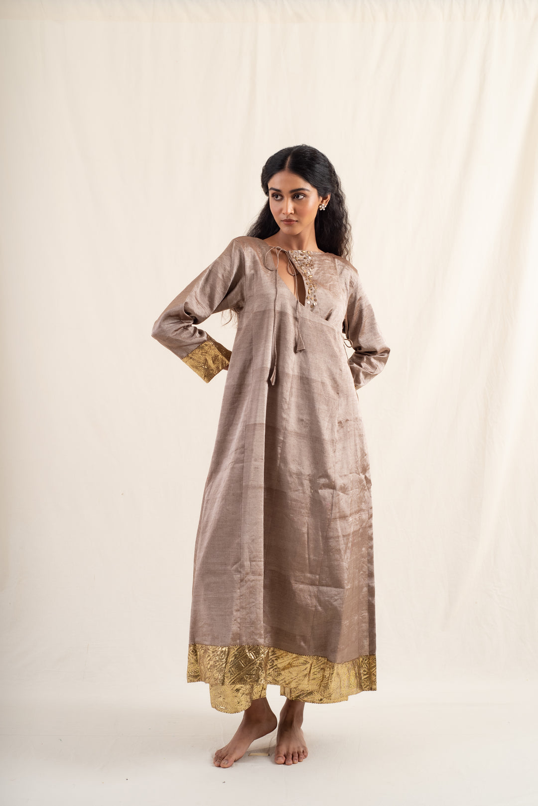 Fiza - Dusty Brown Silk Chanderi Tissue Kurta Set