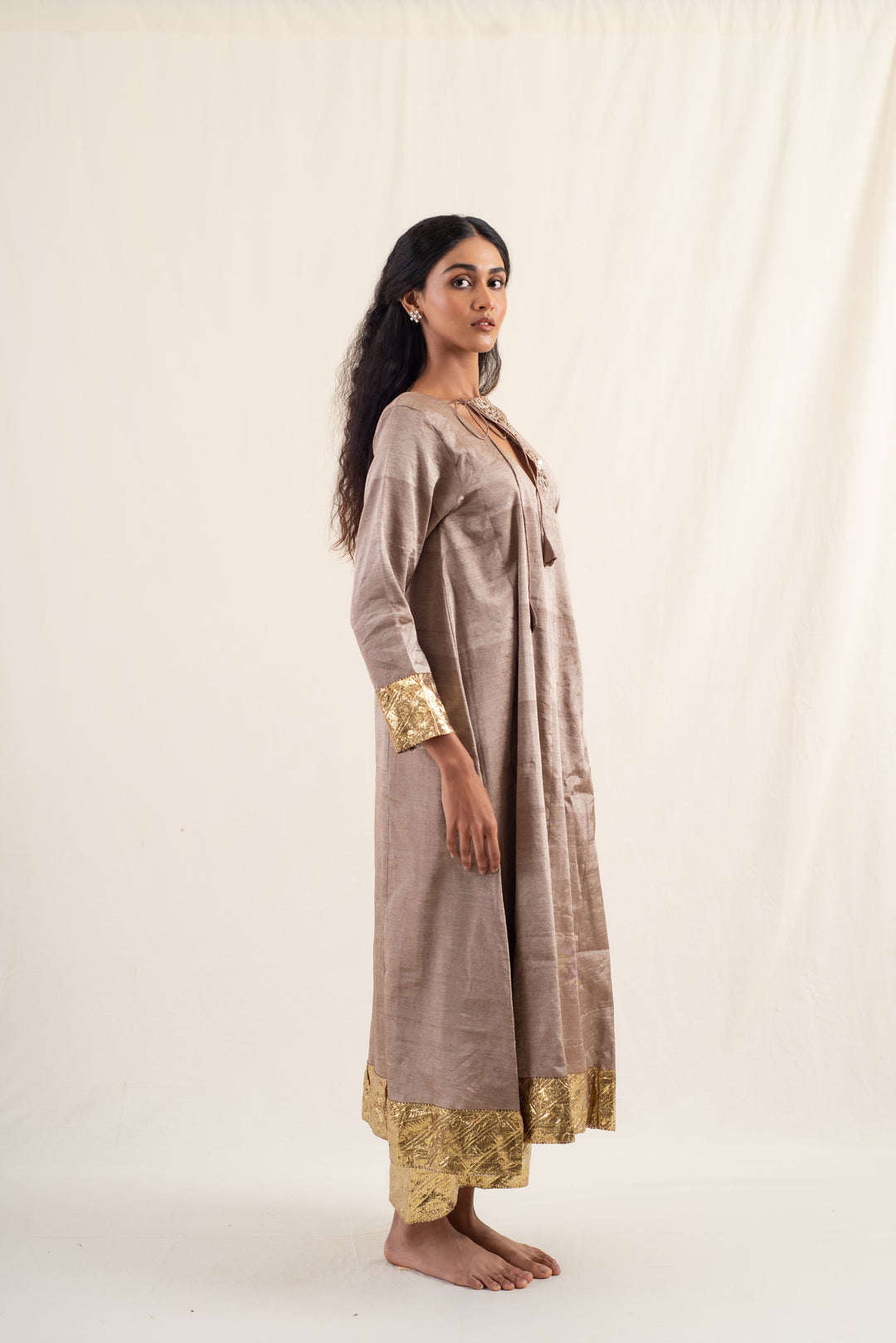 Fiza - Dusty Brown Silk Chanderi Tissue Kurta Set