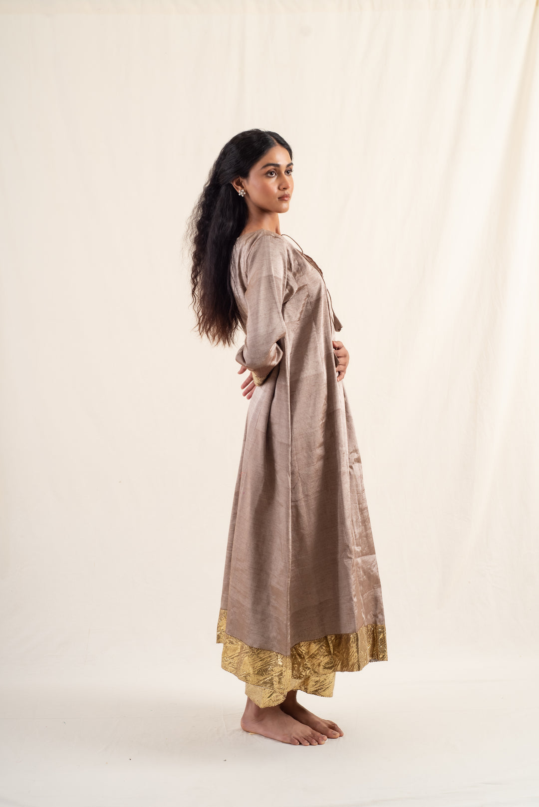 Fiza - Dusty Brown Silk Chanderi Tissue Kurta Set