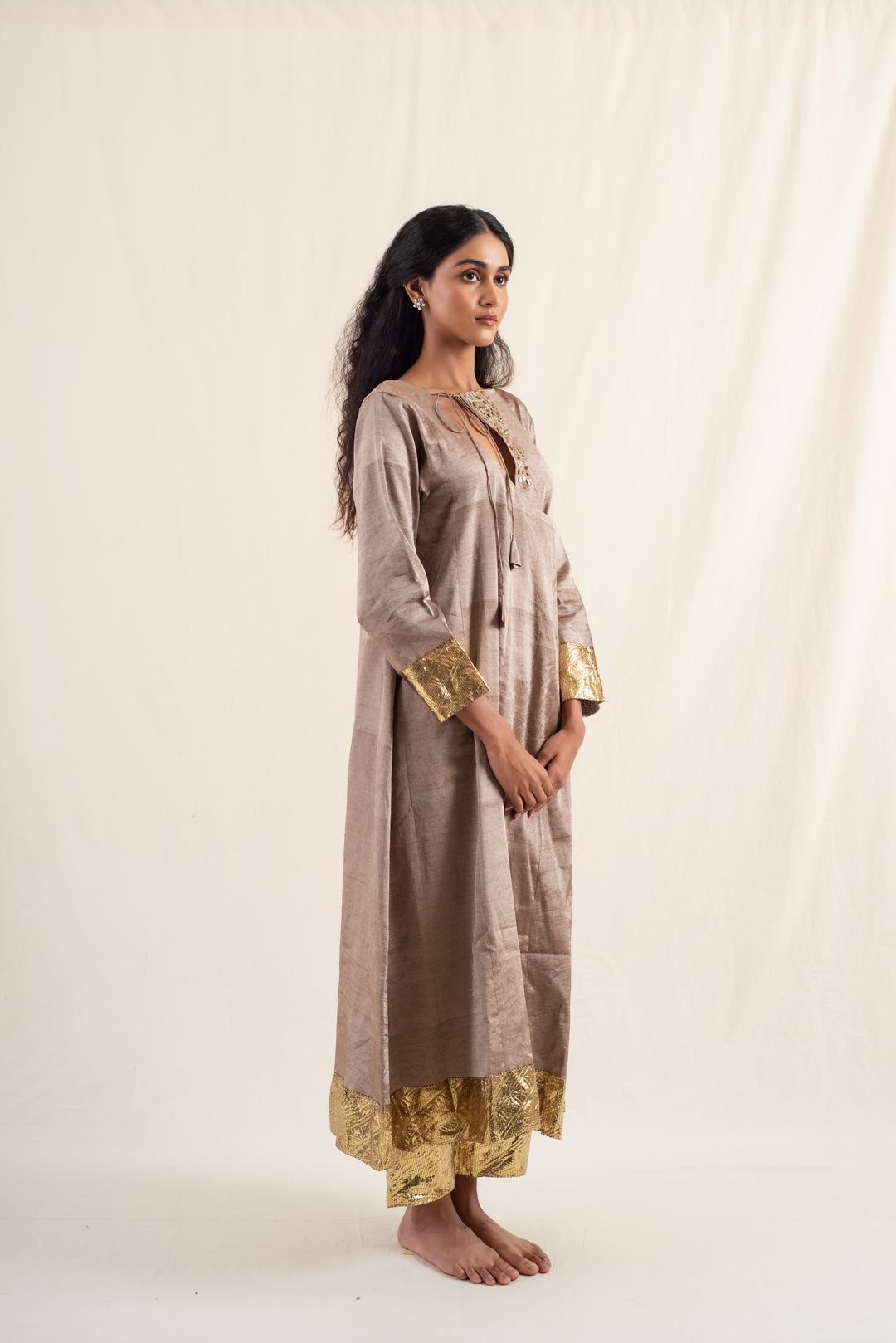 Fiza - Dusty Brown Silk Chanderi Tissue Kurta Set