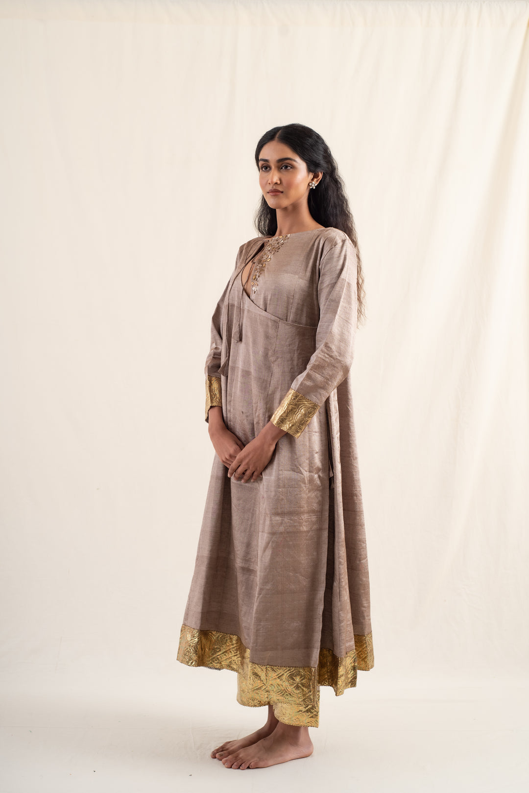Fiza - Dusty Brown Silk Chanderi Tissue Kurta Set