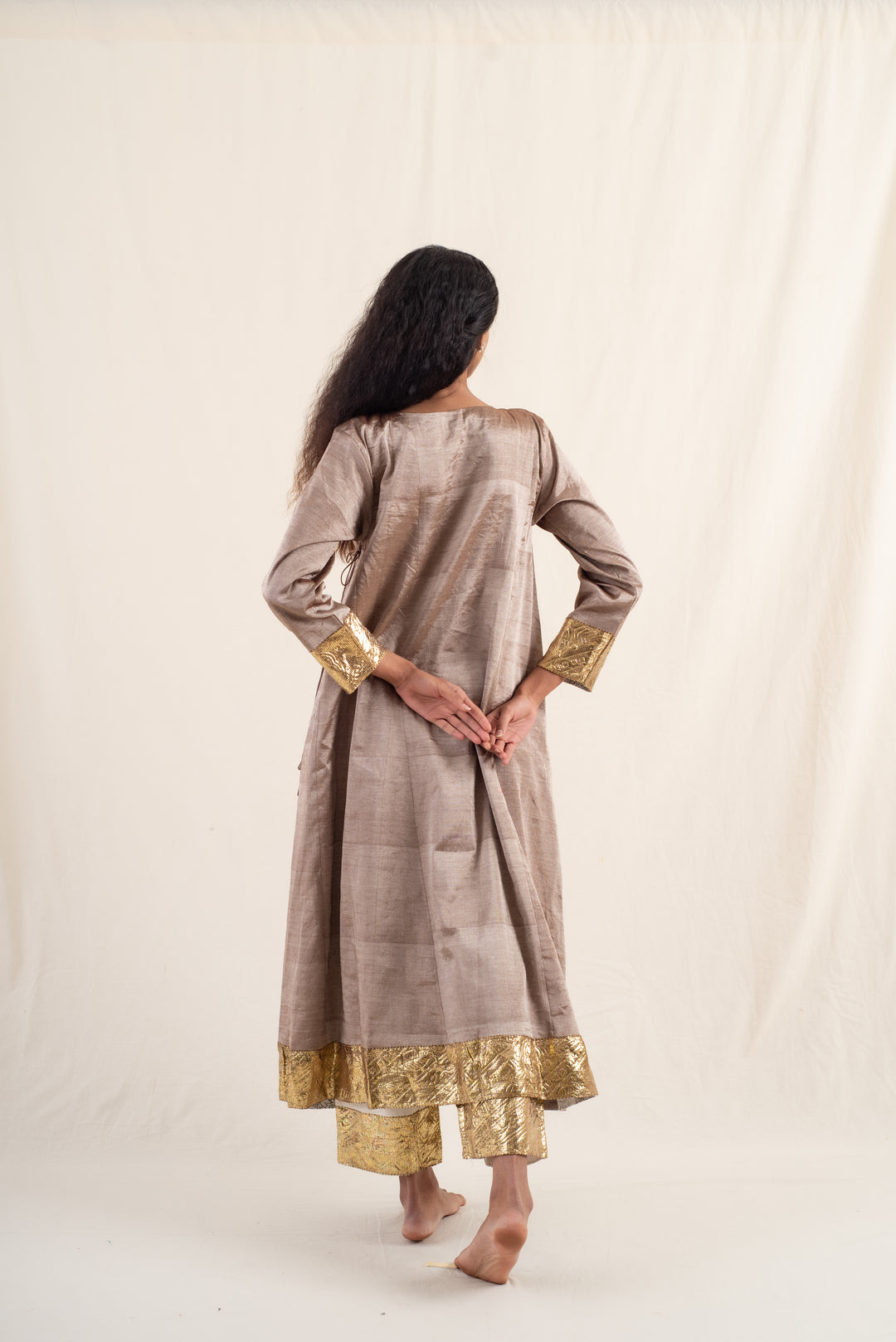 Fiza - Dusty Brown Silk Chanderi Tissue Kurta Set