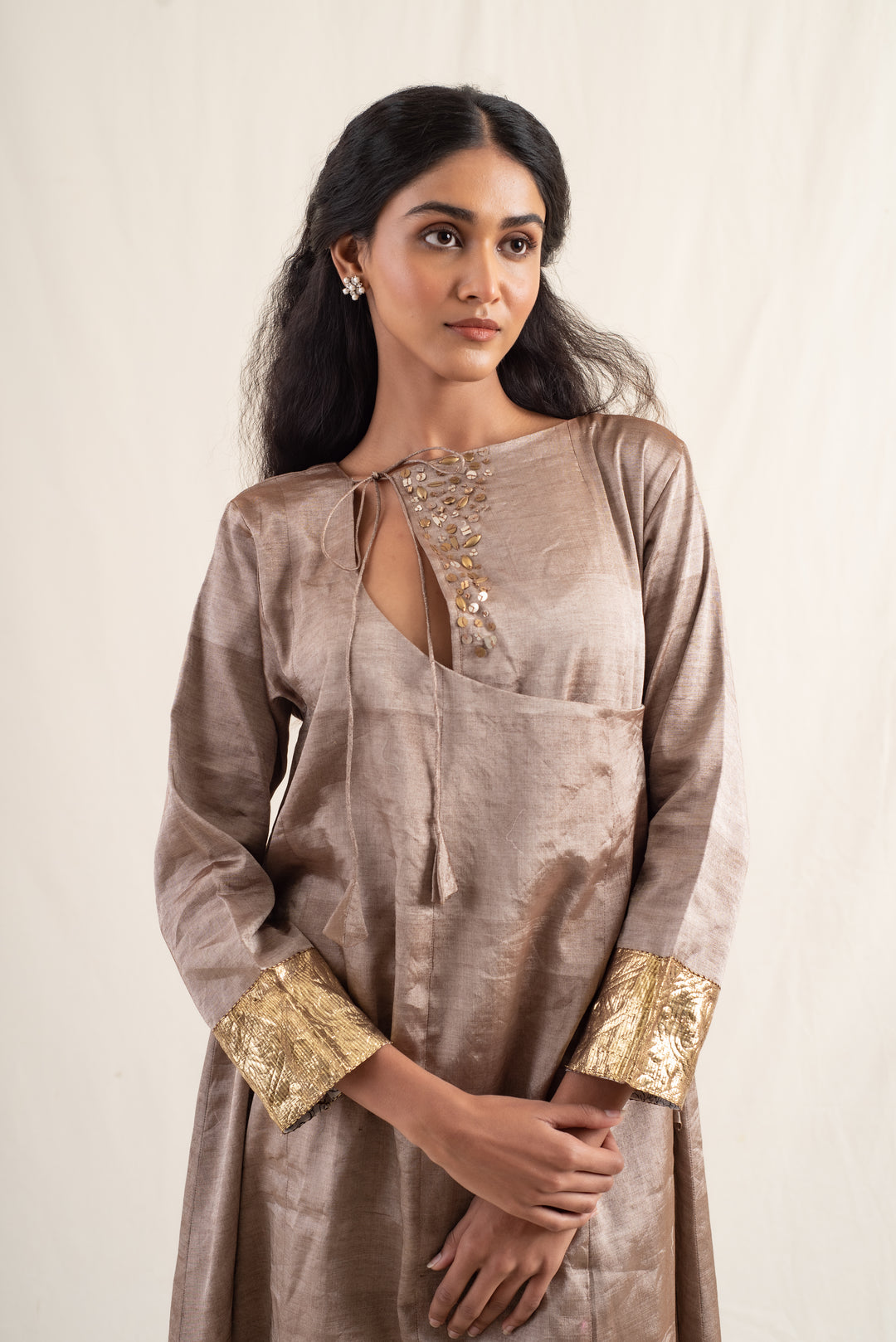 Fiza - Dusty Brown Silk Chanderi Tissue Kurta Set