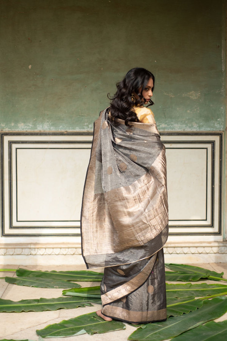 Rena- Charcoal Grey Banarasi Silk Tissue Saree