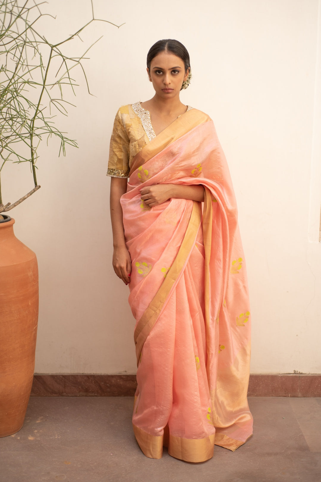 Nyssa - Coral Silk Chanderi Saree