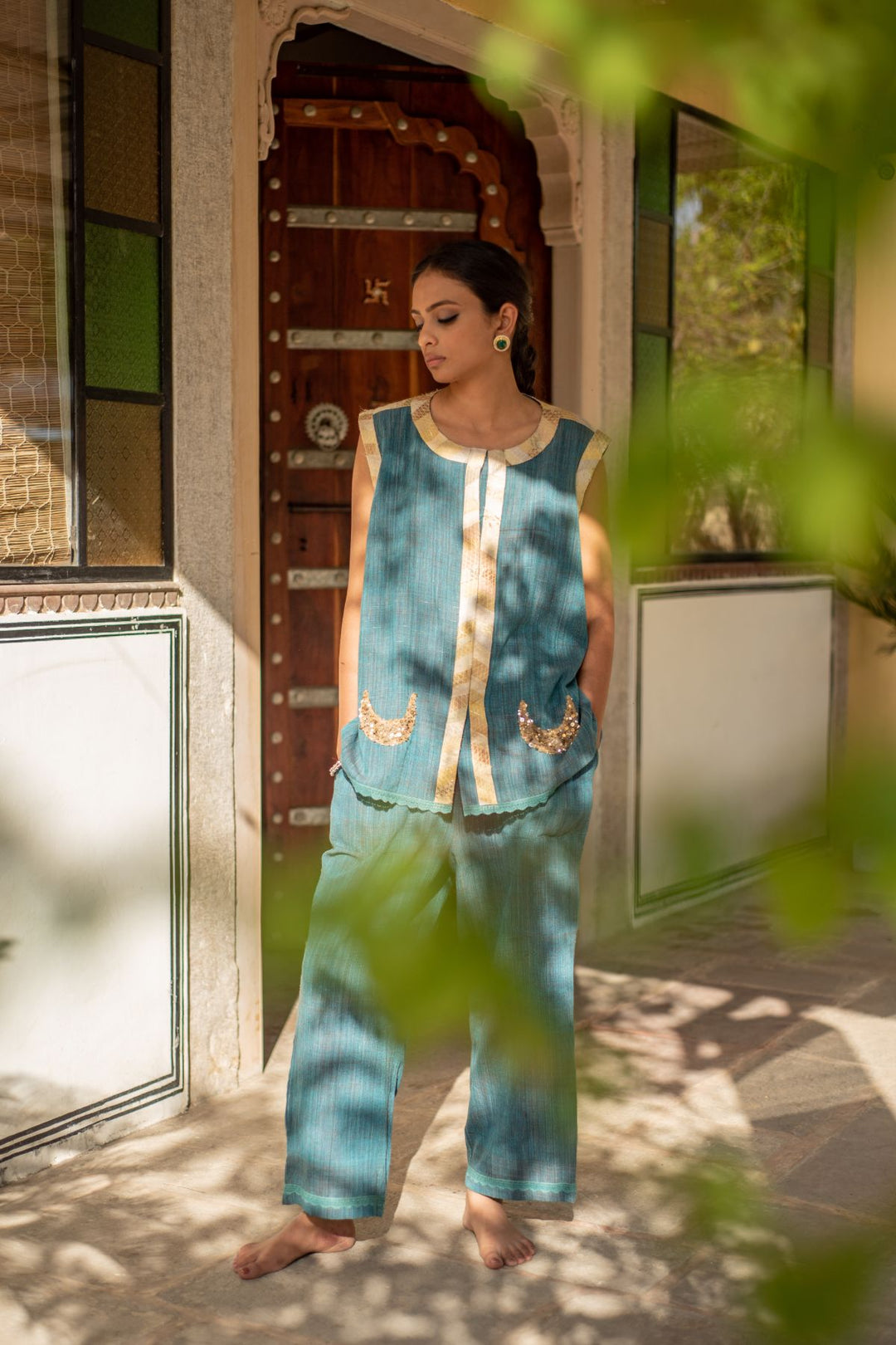 Aadi - Teal Blue Cotton Upcycled Patchwork Co-Ord Set