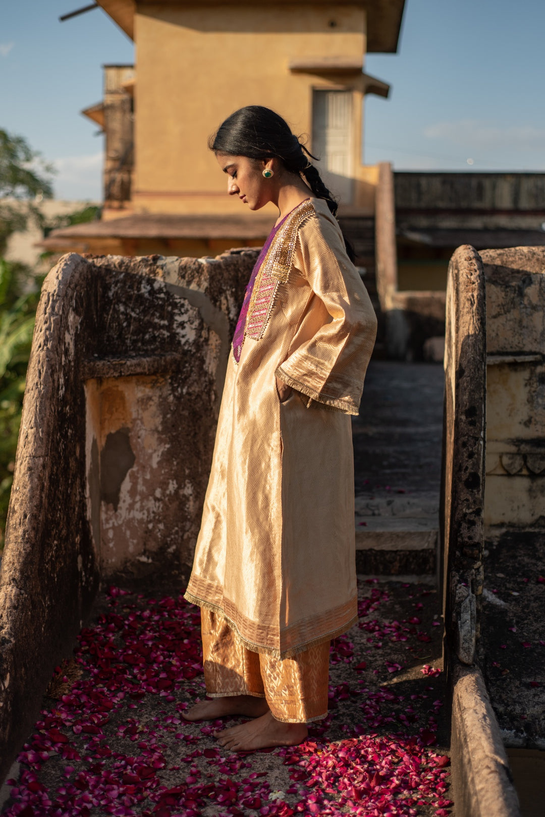 Amari + Rafa - Beige Silk Brocade Kurta with Silk Brocade Palazzo
