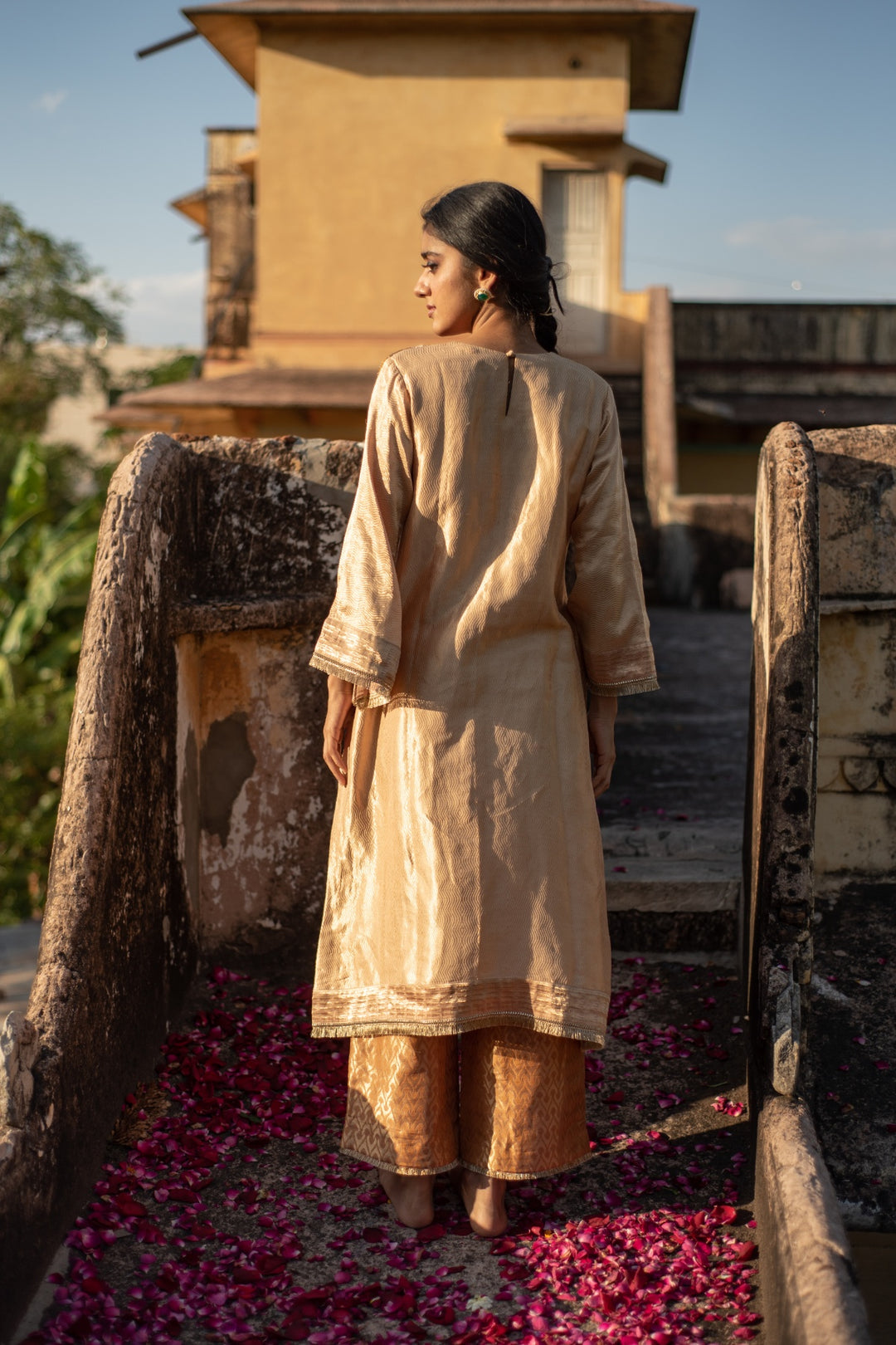 Amari + Rafa - Beige Silk Brocade Kurta with Silk Brocade Palazzo