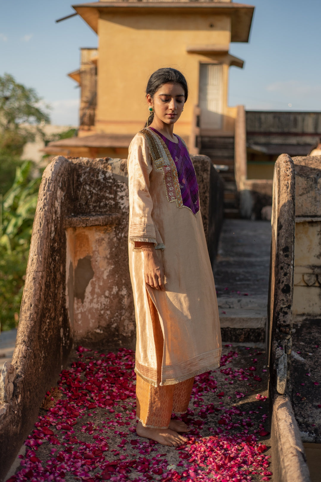 Amari + Rafa - Beige Silk Brocade Kurta with Silk Brocade Palazzo