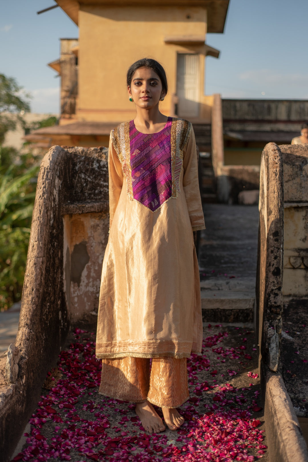 Amari + Rafa - Beige Silk Brocade Kurta with Silk Brocade Palazzo