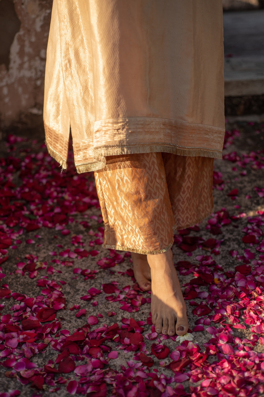 Amari + Rafa - Beige Silk Brocade Kurta with Silk Brocade Palazzo
