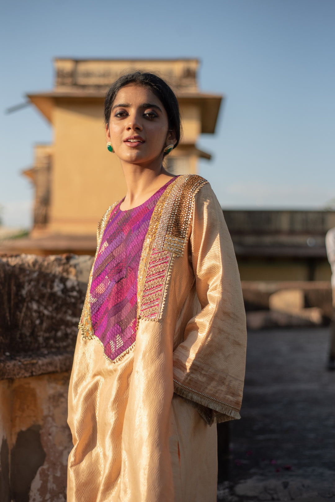 Amari + Rafa - Beige Silk Brocade Kurta with Silk Brocade Palazzo