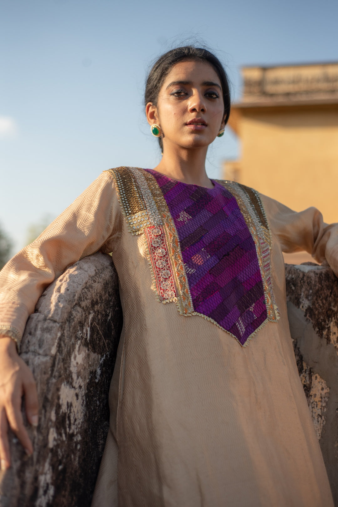 Amari + Rafa - Beige Silk Brocade Kurta with Silk Brocade Palazzo