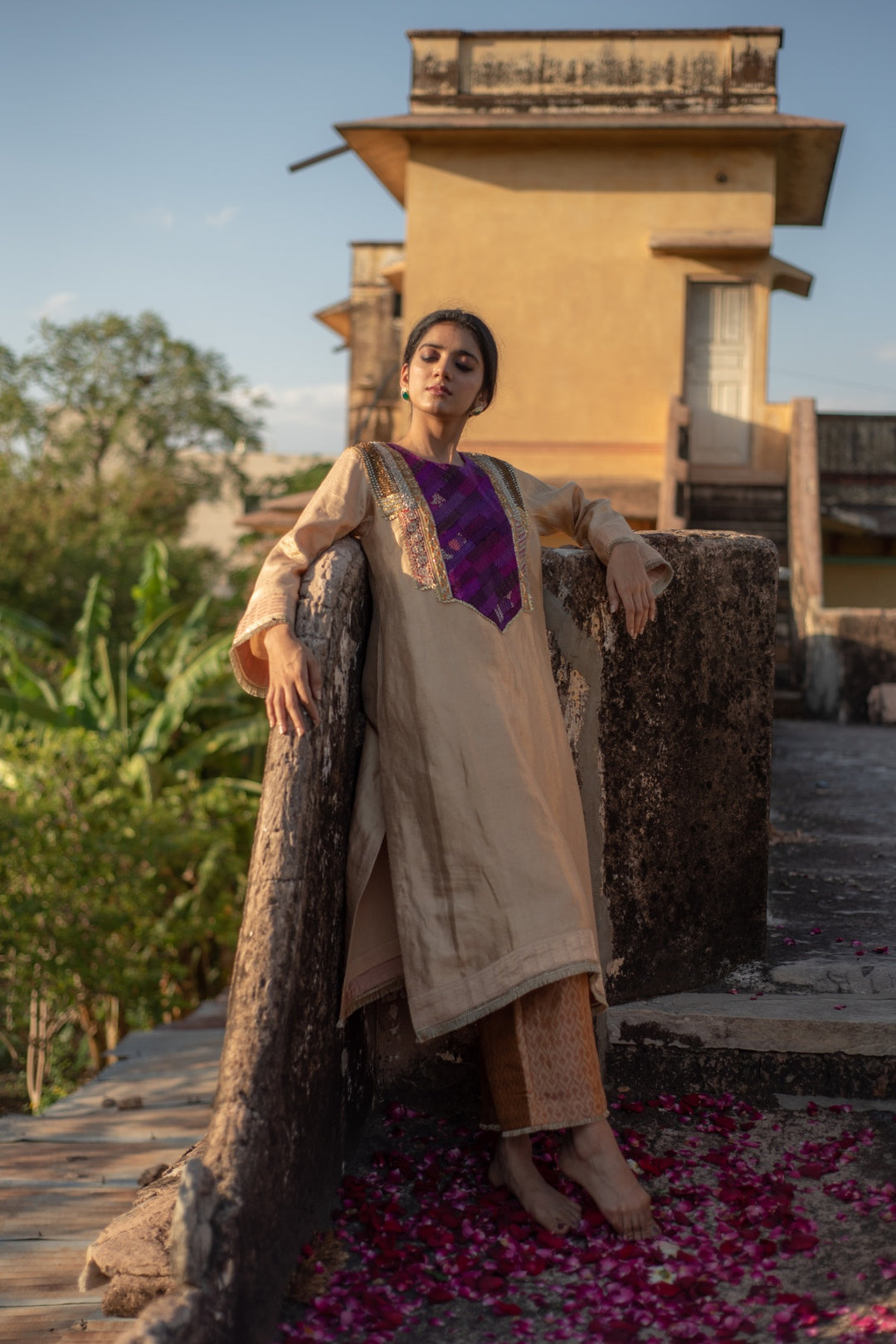 Amari + Rafa - Beige Silk Brocade Kurta with Silk Brocade Palazzo