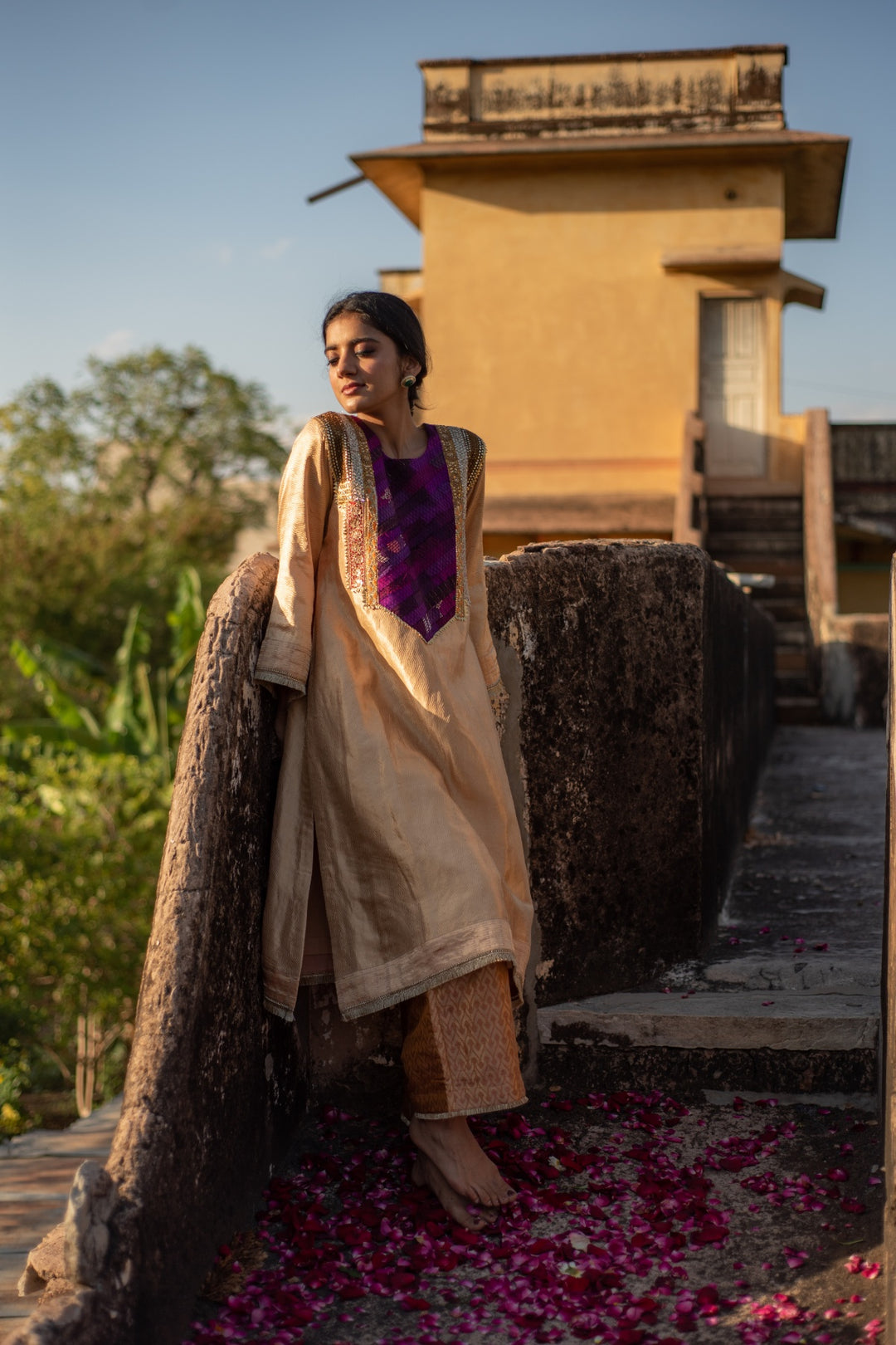 Amari + Rafa - Beige Silk Brocade Kurta with Silk Brocade Palazzo