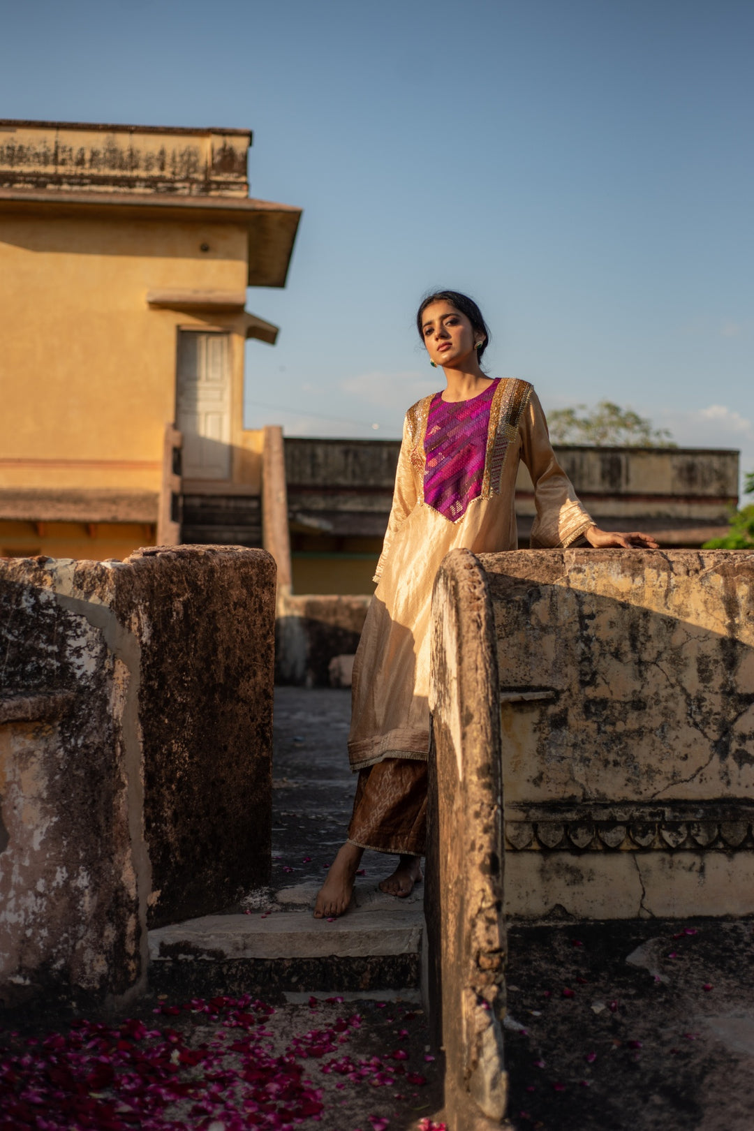 Amari + Rafa - Beige Silk Brocade Kurta with Silk Brocade Palazzo