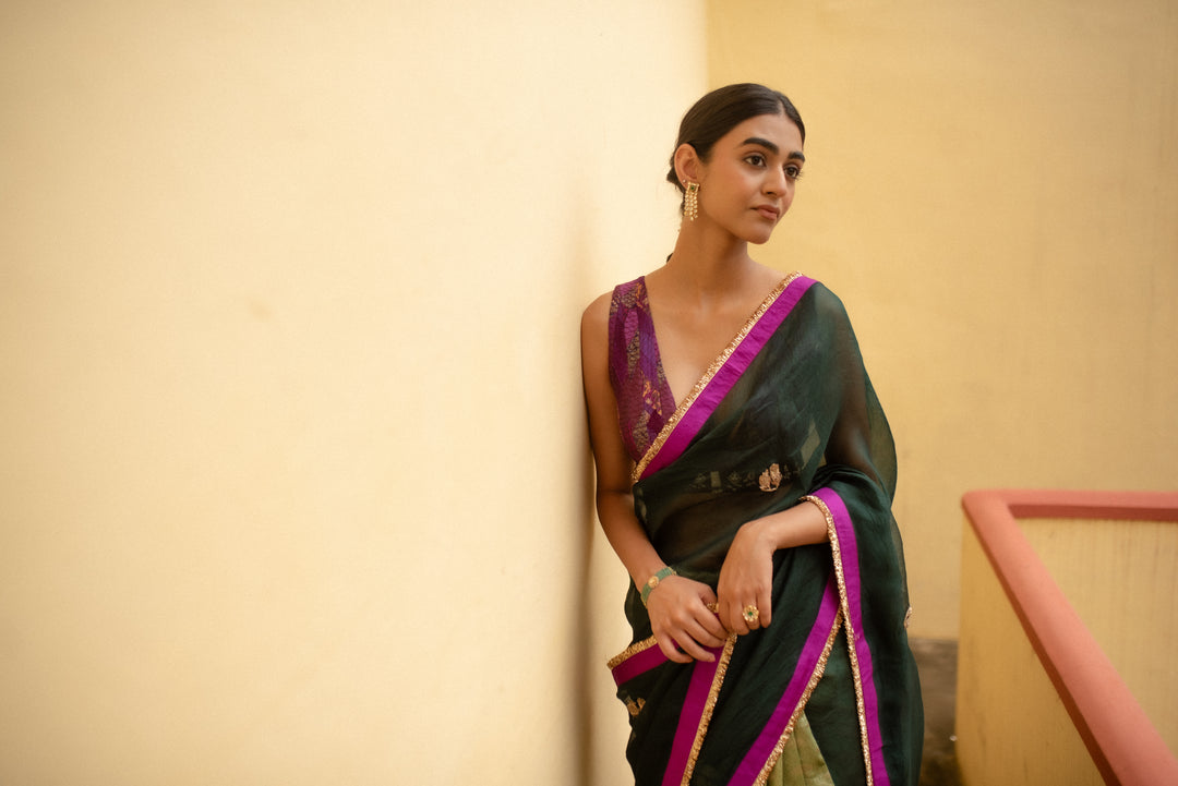 Kavya - Green Silk Organza and Brocade Saree