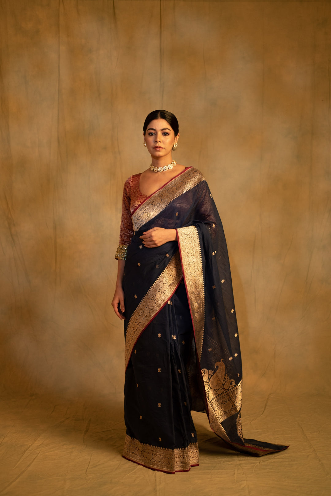 Sankranti- Navy Blue Cotton Banarasi Saree