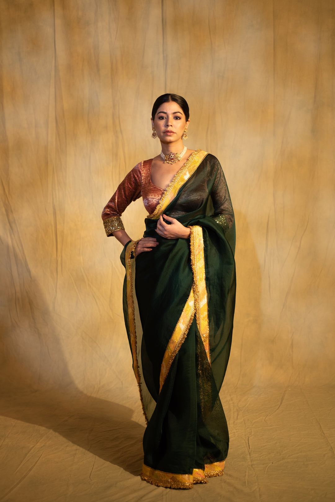 Dooj- Bottle Green Silk Organza Upcycled Saree