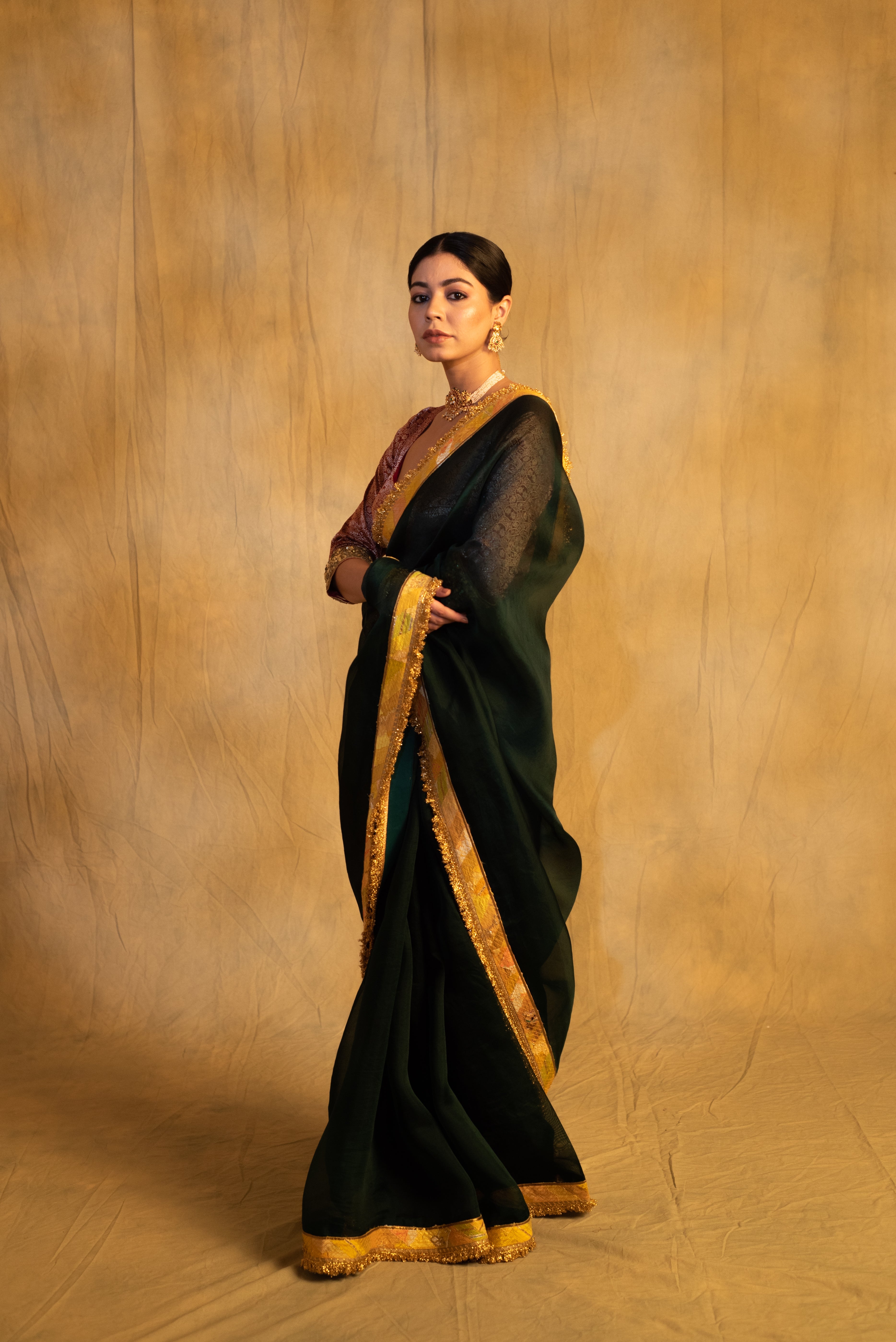 Dooj- Bottle Green Silk Organza Upcycled Saree