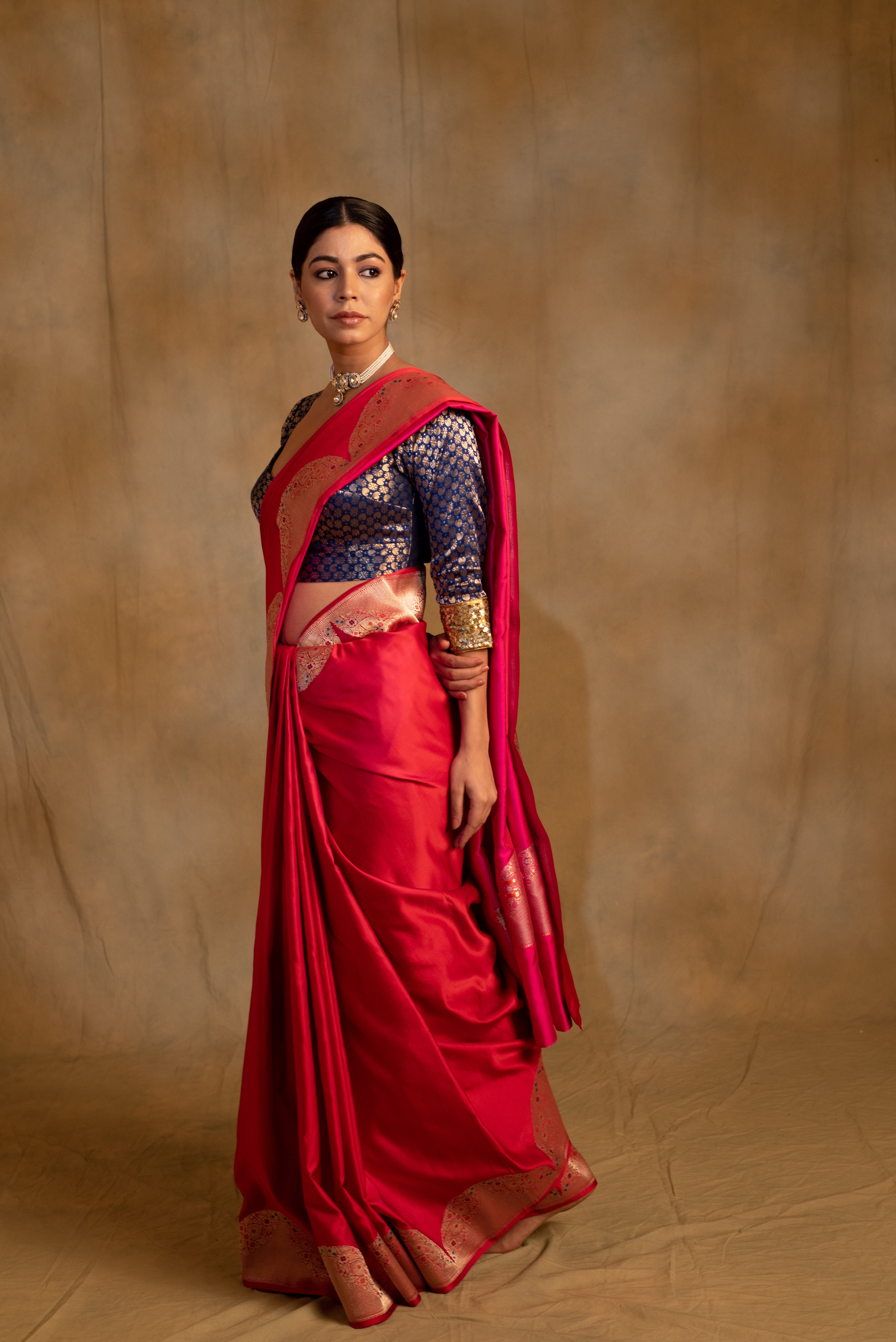 Bhagwati-  Red -Pink Silk Mashru Banarasi Saree