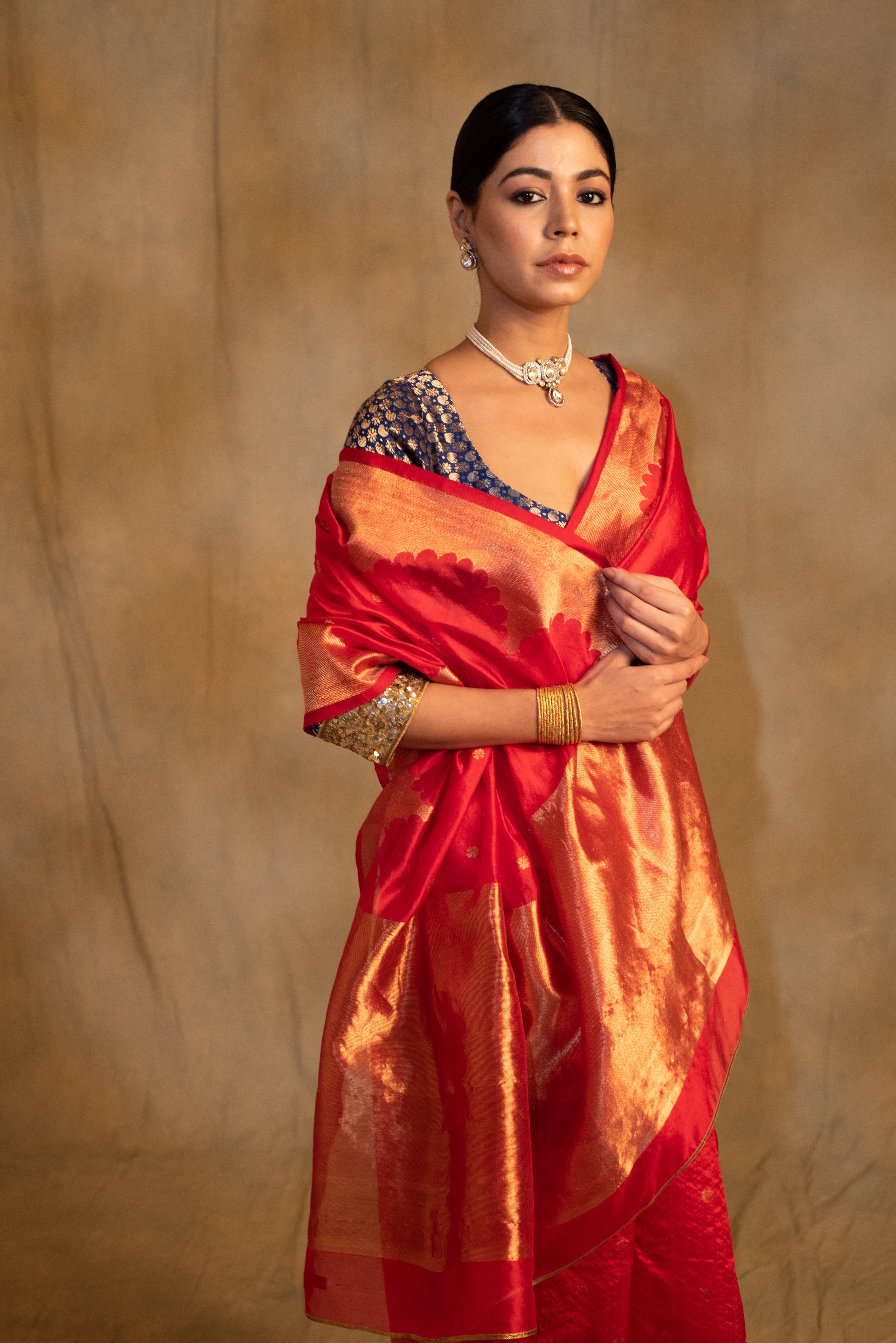 Sora- Red Silk Chanderi Tissue Saree
