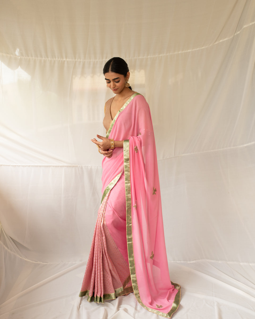 Vatsala - Pink Silk Georgette and Brocade Saree
