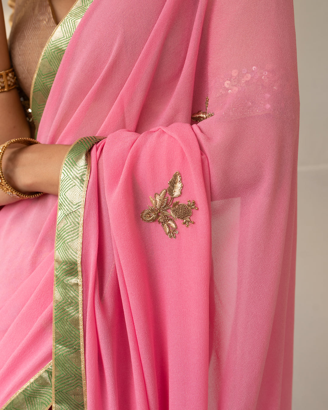 Vatsala - Pink Silk Georgette and Brocade Saree