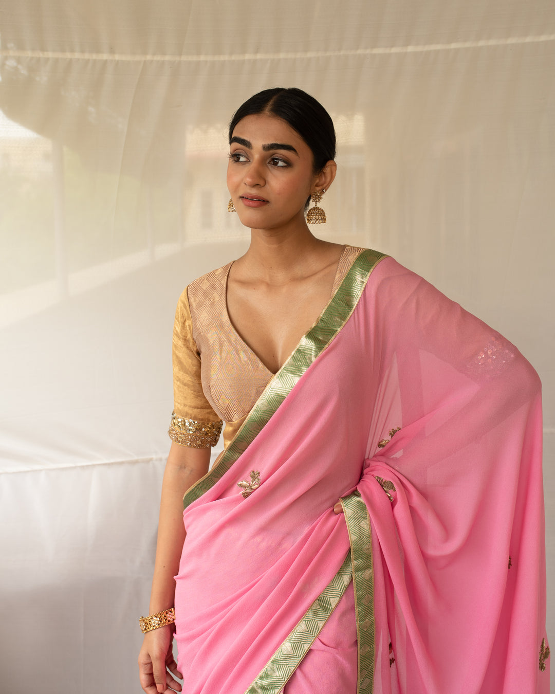 Vatsala - Pink Silk Georgette and Brocade Saree