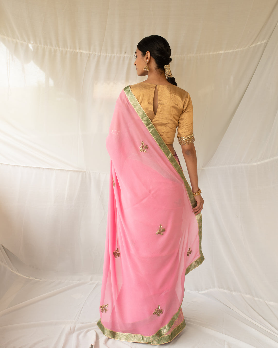 Vatsala - Pink Silk Georgette and Brocade Saree