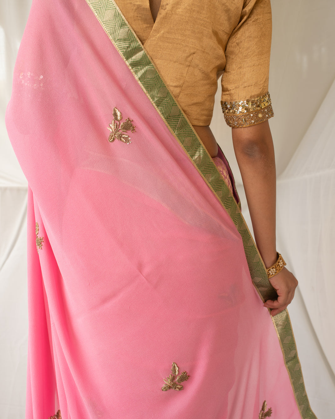 Vatsala - Pink Silk Georgette and Brocade Saree