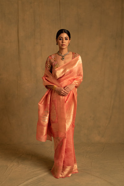 Karva- Coral Pink Linen- Silk Banarasi Saree