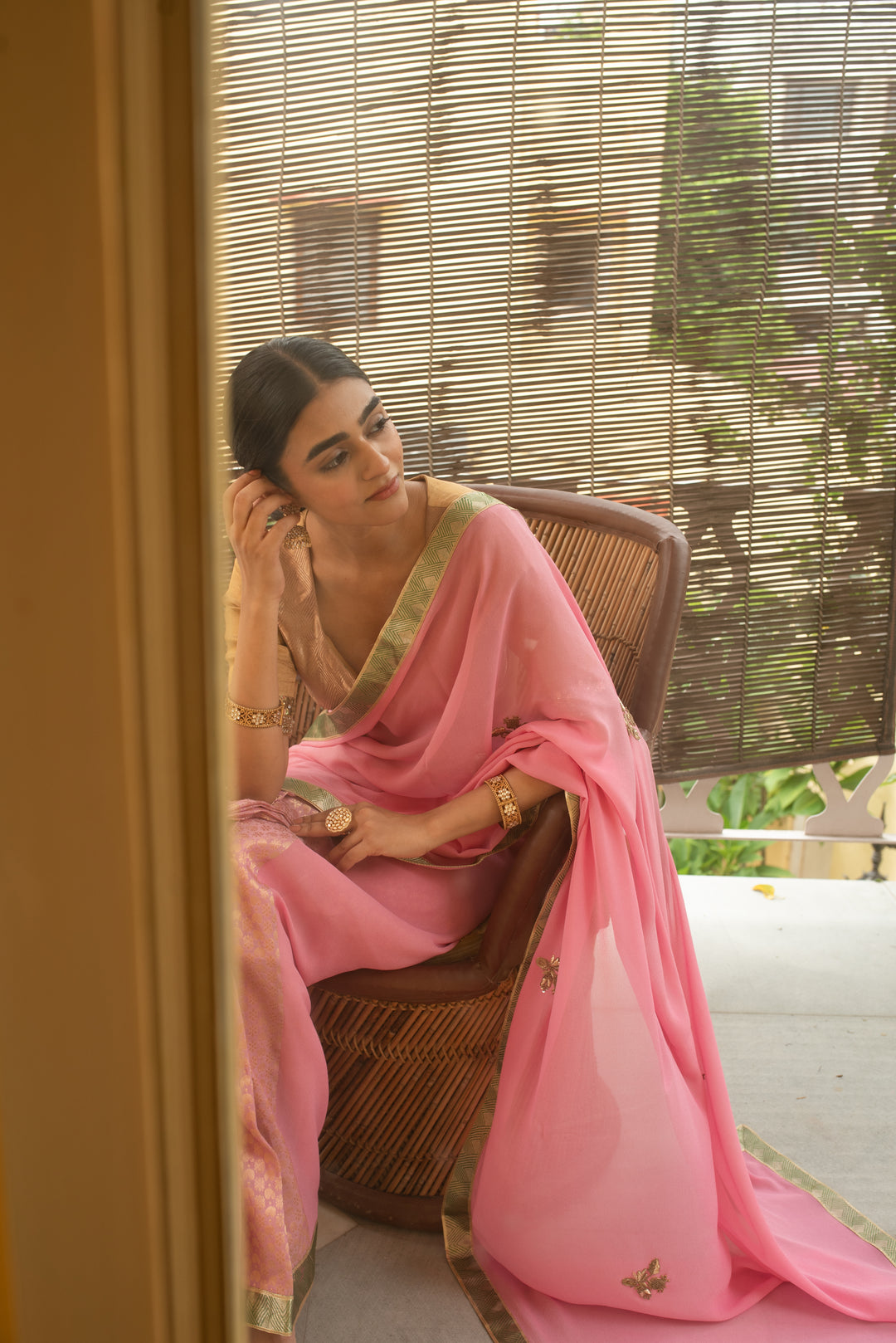 Vatsala - Pink Silk Georgette and Brocade Saree