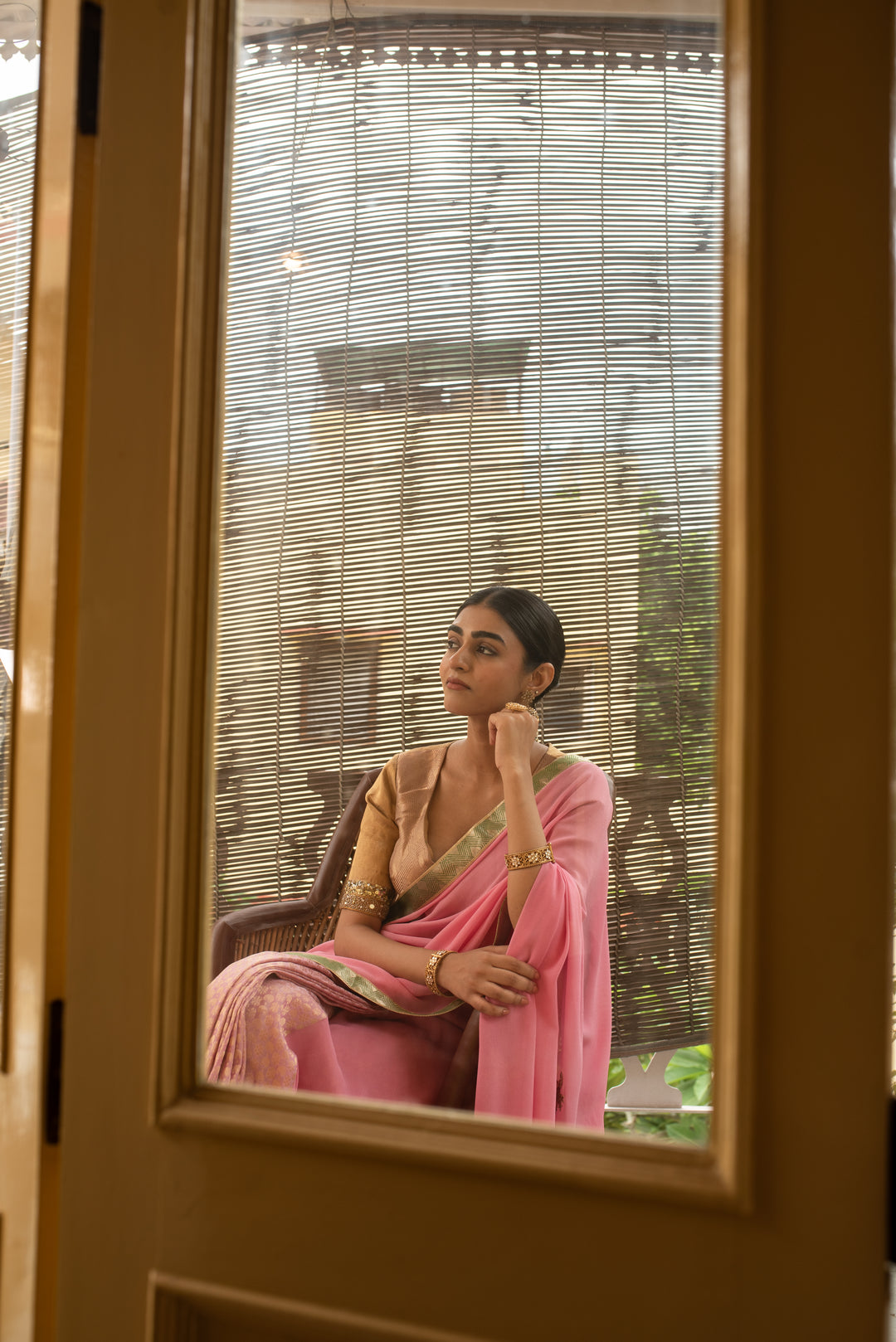 Vatsala - Pink Silk Georgette and Brocade Saree