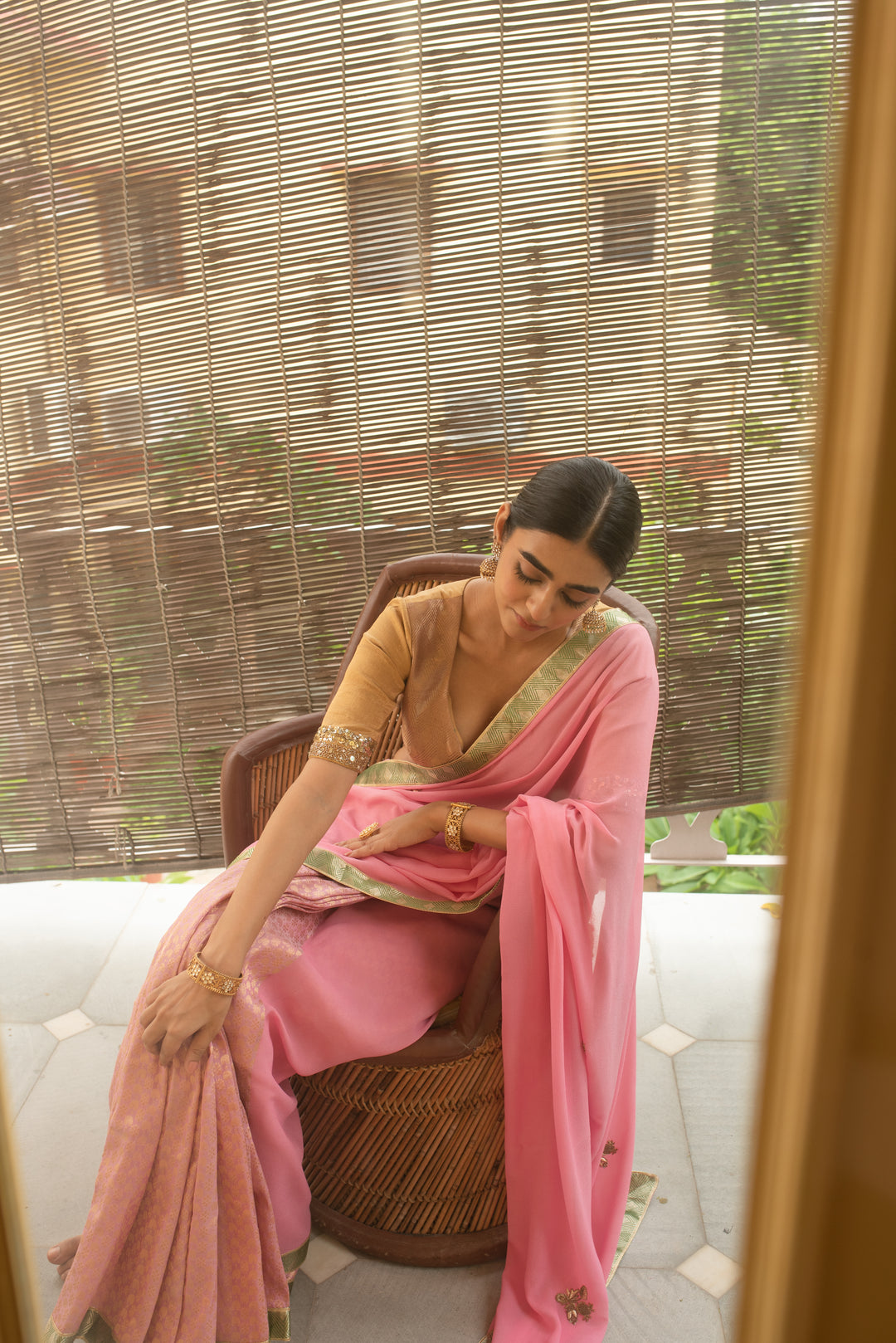 Vatsala - Pink Silk Georgette and Brocade Saree