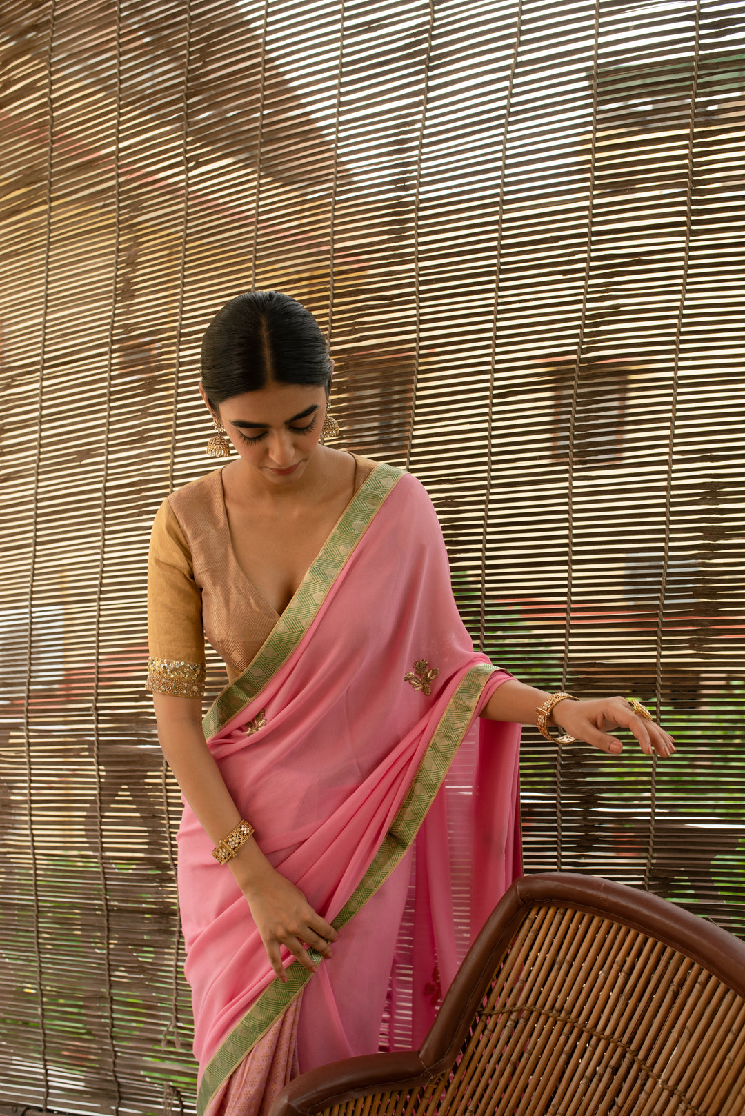 Vatsala - Pink Silk Georgette and Brocade Saree