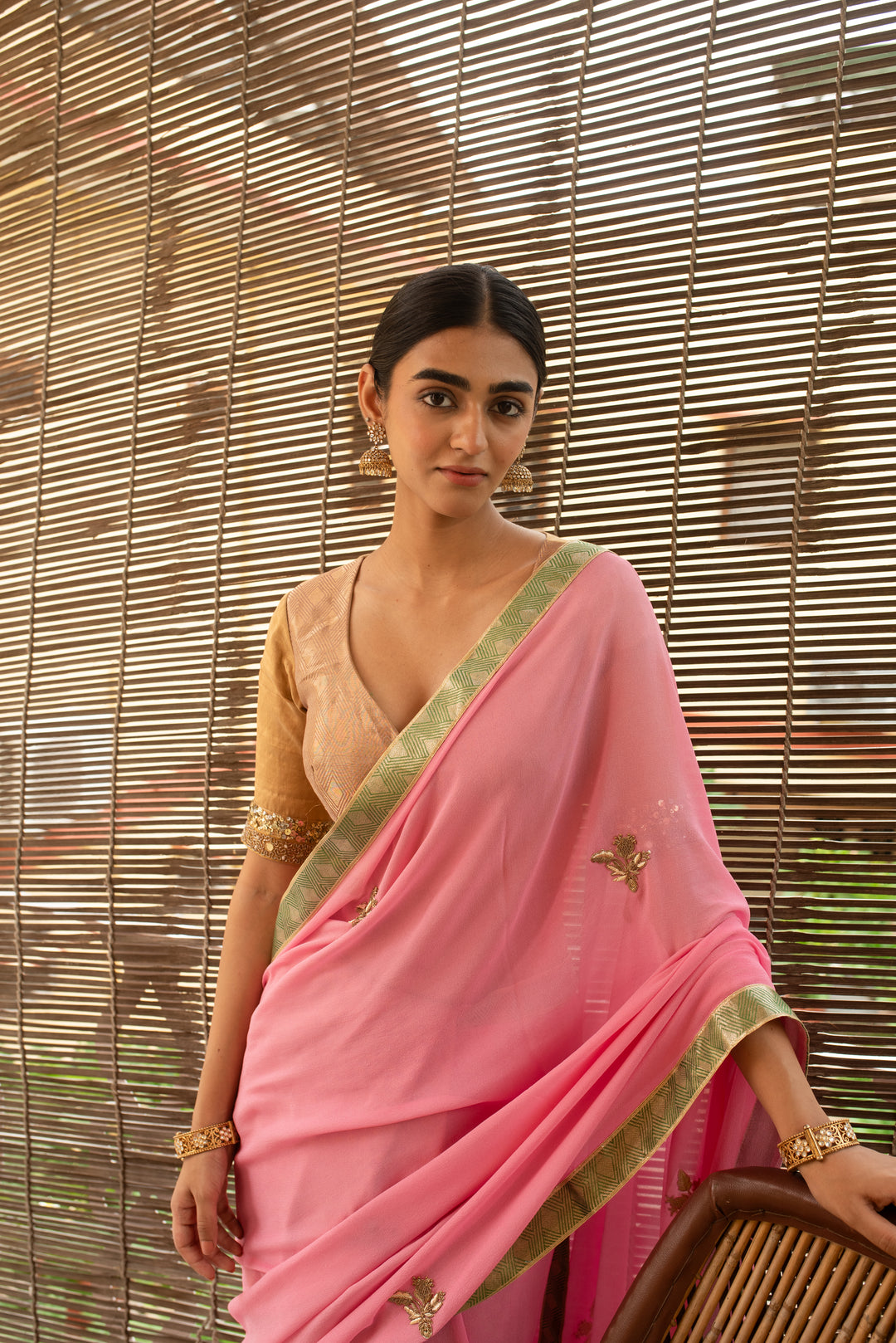 Vatsala - Pink Silk Georgette and Brocade Saree