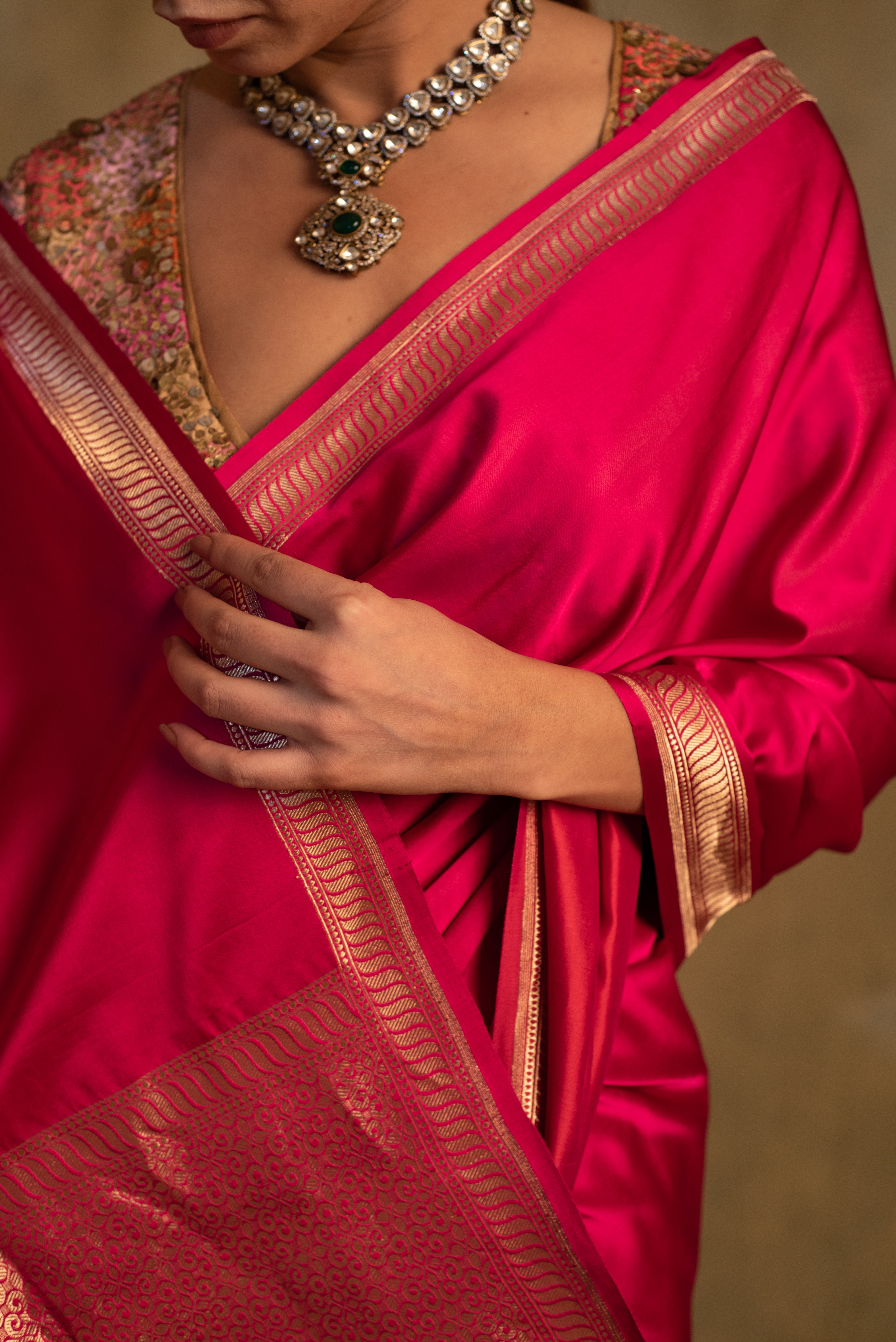 Navroz- Plain Pink Silk Mashru Banarasi Saree