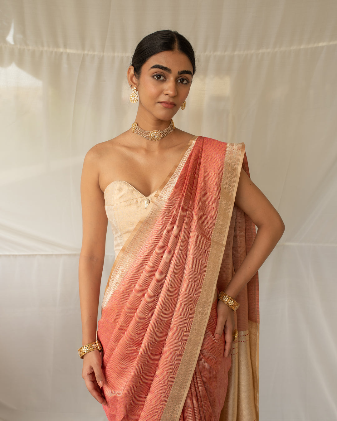 Madhurya - Coral Silk Mashroo Banarasi Saree