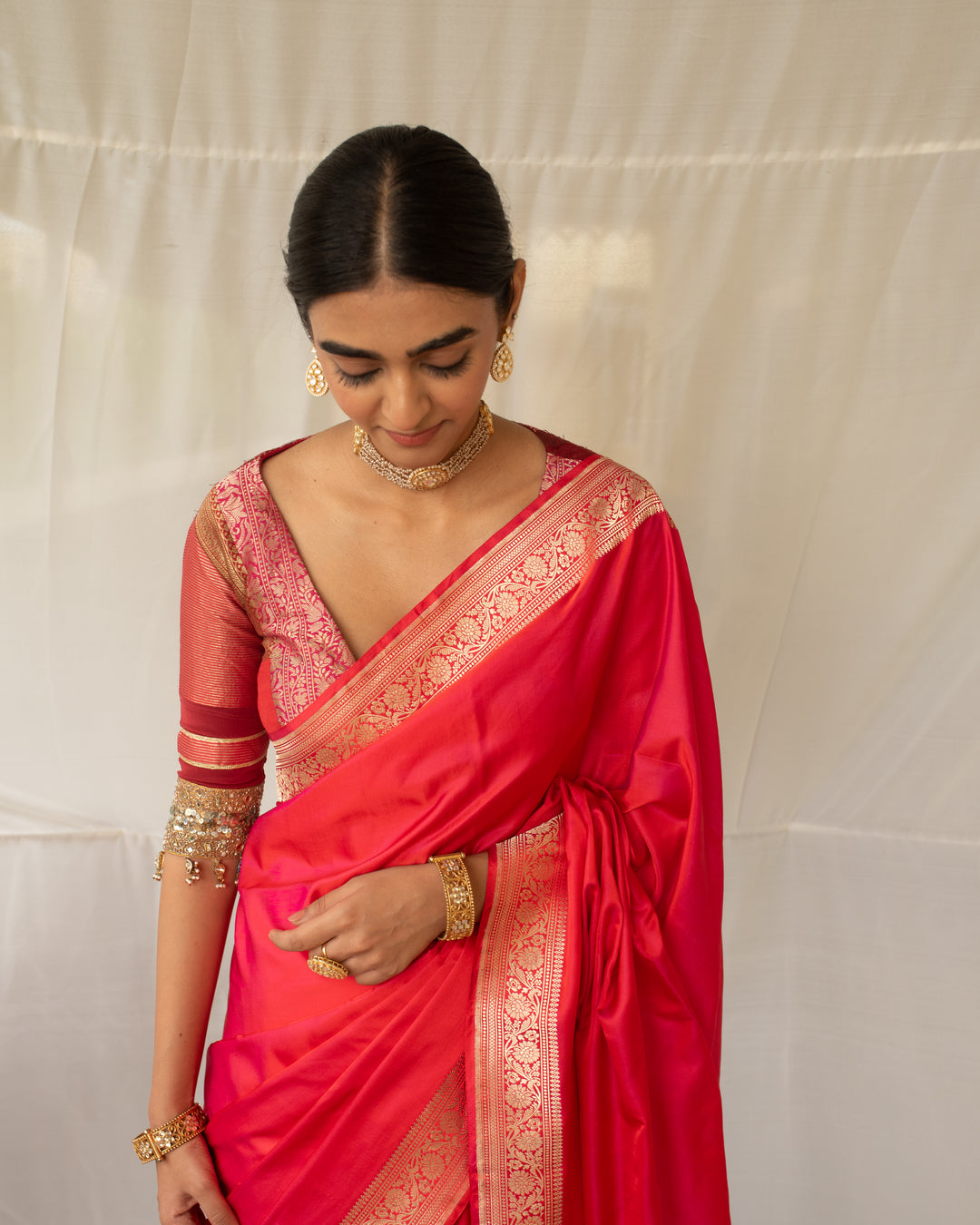 Kalamayi - Red Silk Mashroo Banarasi Saree