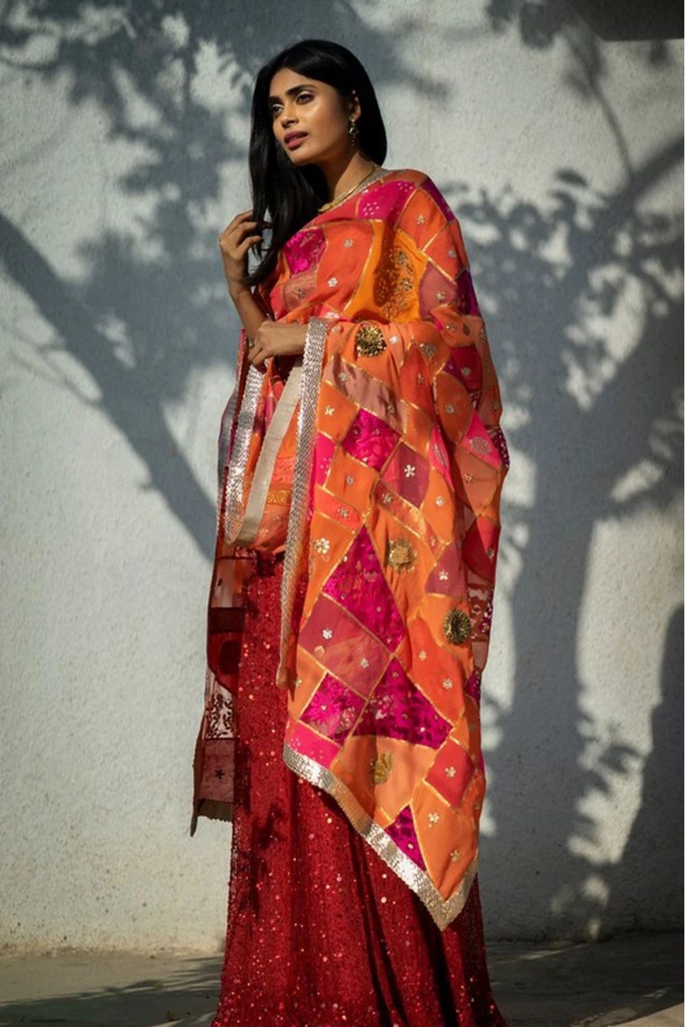 Moonga- Red Hand-Embroidered Sequinned Lehenga