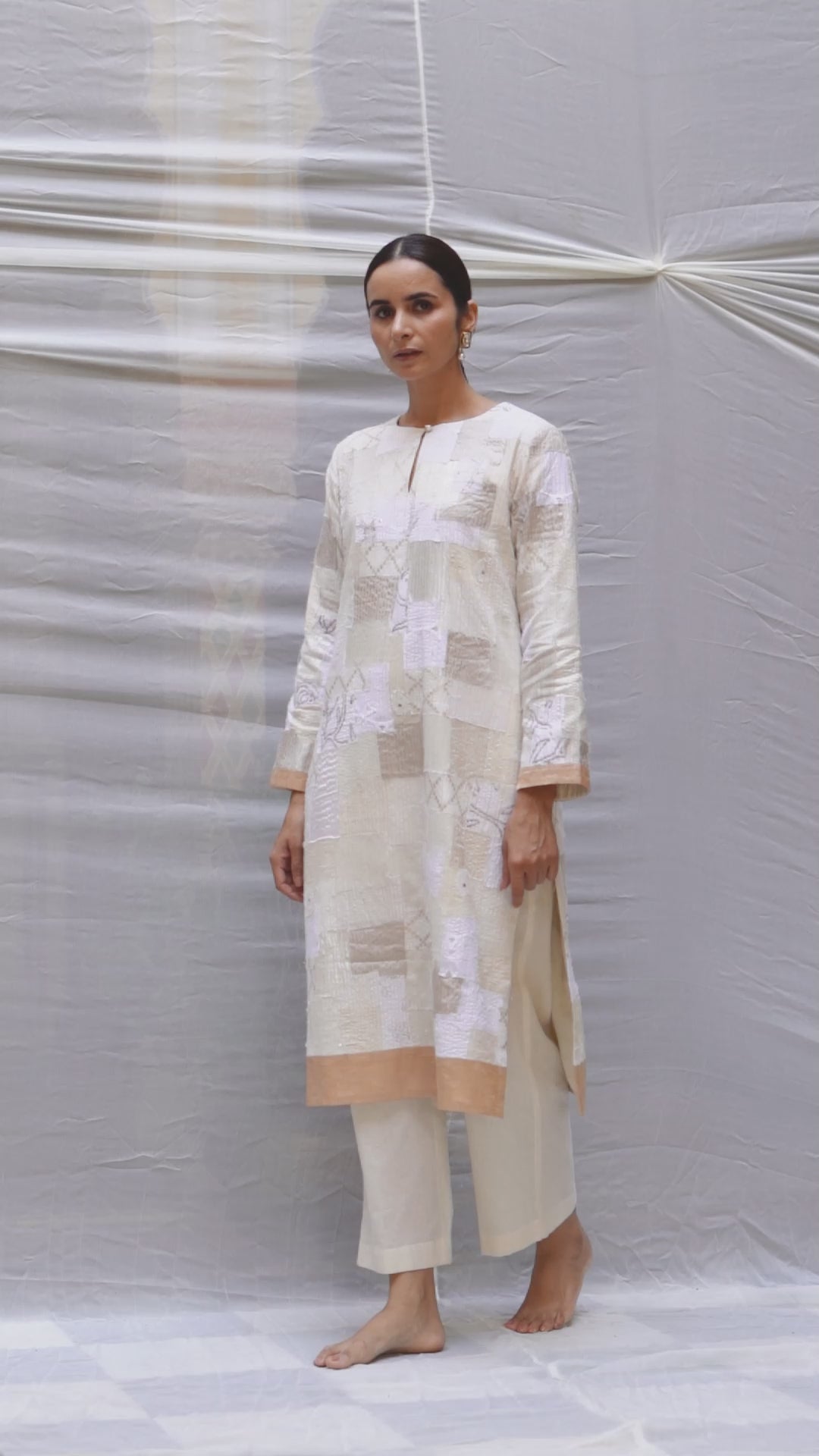Aloka - Ivory Upcycled Patchwork Kurta with Khadi Cotton Palazzo